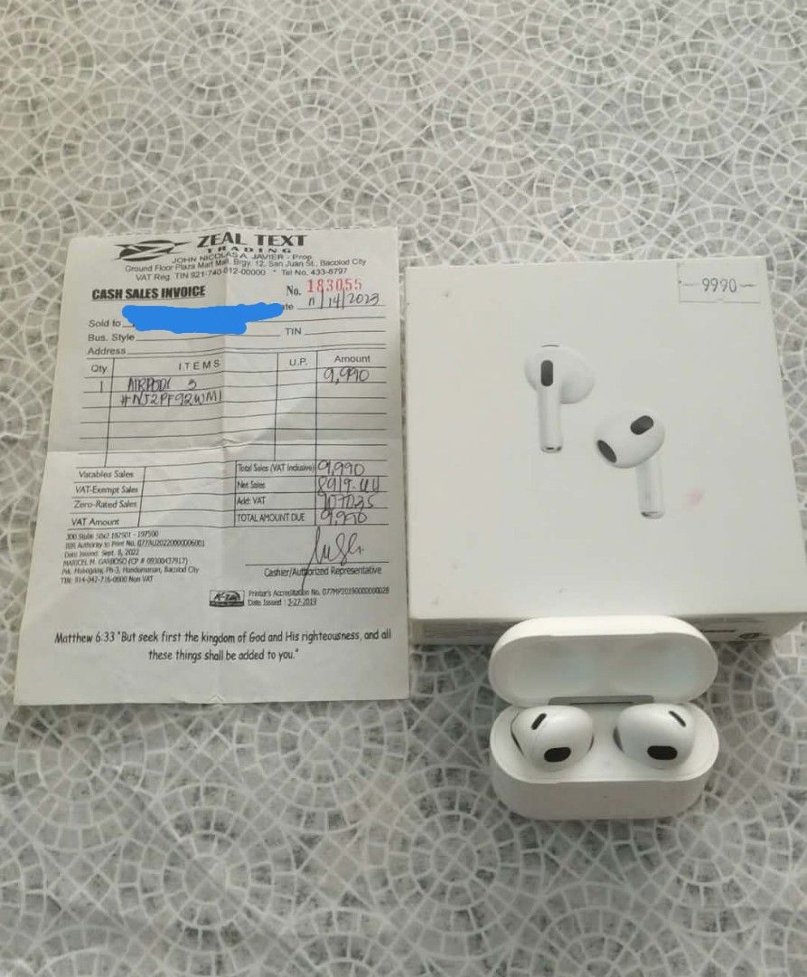 Apple AirPods 3 with charging case and receipt (Category: Earphones) located in Bacolod City. Submitted by closet0707 (Listing ID 1470263046, Image 1). Description: - 100% Original Apple AirPods 3 with charging case - Complete with retail box and official Zeal Text Trading sales invoice (Dated Nov 14, 2023) - Serial number matches the receipt - Fully functional, super clean, and ready to use - Original retail price: ₱9,990 - Trusted seller, messa