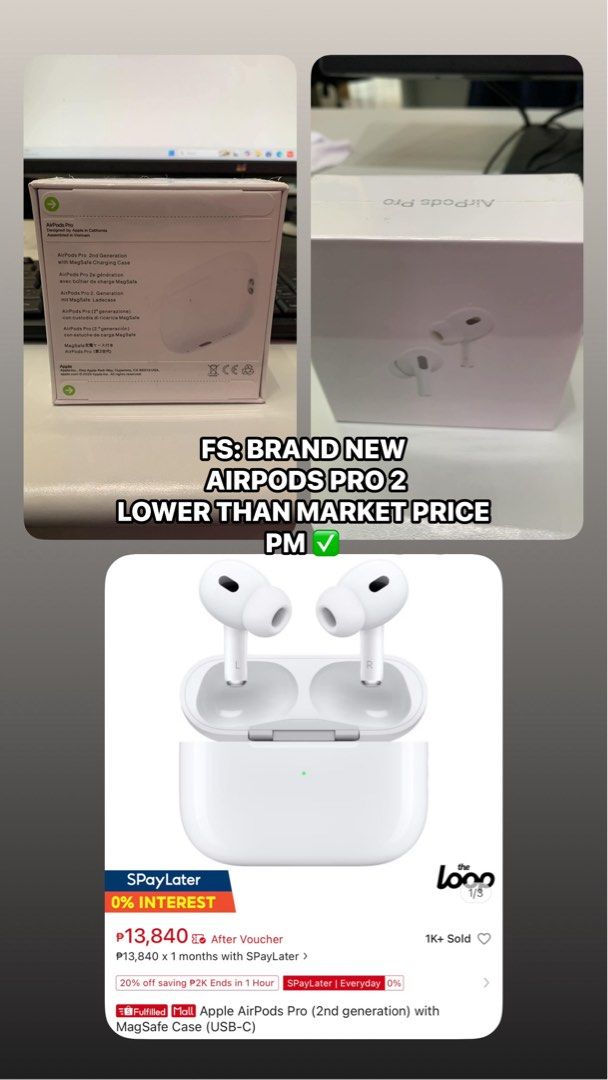 Apple AirPods Pro 2 USB-C (Category: Headphones & Headsets) located in Bacoor. Submitted by faye011m.1 (Listing ID 1470185355, Image 1). Description: - Item: Apple AirPods Pro (2nd Generation) - Charging Case: MagSafe (USB-C Version) - Condition: Brand New, Factory Sealed, Unopened Box - Price: Below standard market price (great deal!) - How to buy: Send a direct message to inquire or secure your order.