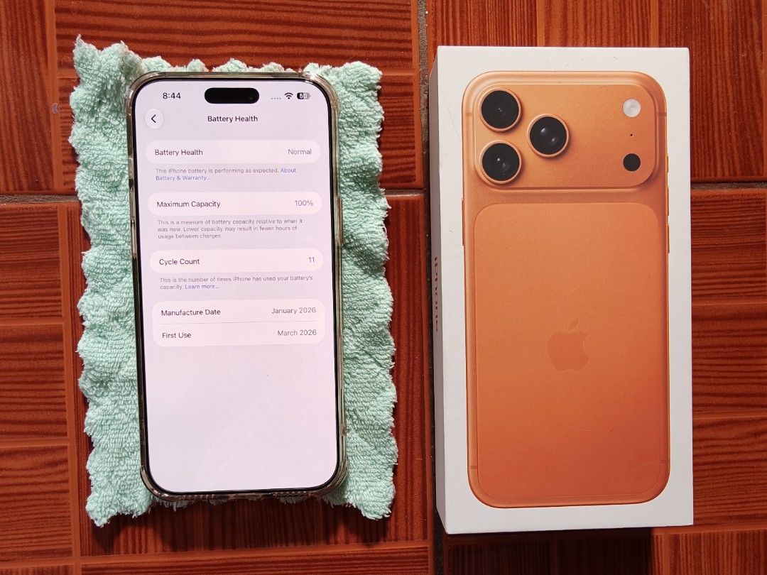 Apple iPhone 17 Pro Max 256GB Orange (Category: iPhone 17 Series) located in Pulilan. Submitted by bautistajaypee12 (Listing ID 1470152199, Image 3). Description: - Model: Orange iPhone 17 Pro Max (256GB) - Battery Health: 100% with only 11 cycle counts. Globe Locked. No dents or any issue. til March 2027 warranty. - Condition: Flawless screen, clean back panel and camera housing - Inclusions: Original retail box and Orig Chord. - Status: Fully f