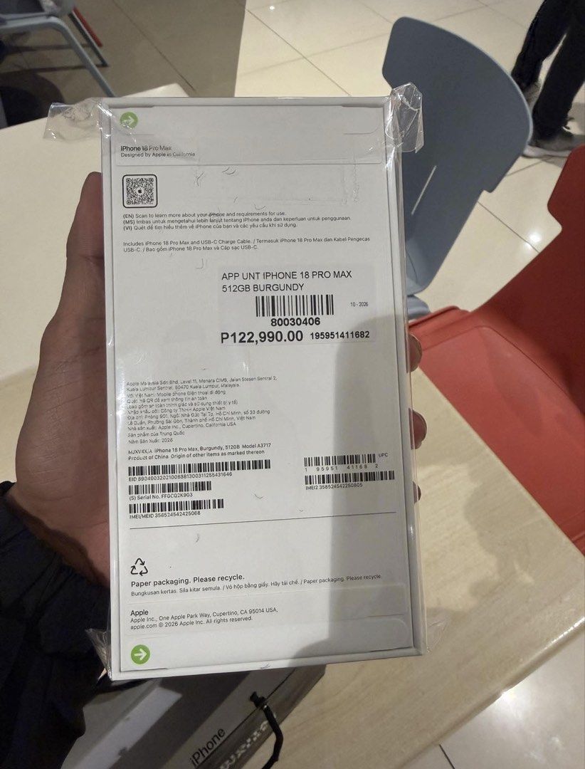 Apple iPhone 18 Pro Max 512GB Burgundy (Category: iPhone 18 Series) located in Manila. Submitted by walgnerrr (Listing ID 1470326060, Image 2). Description: - Model: Apple iPhone 18 Pro Max - Storage: 512GB - Color: Burgundy - Condition: Brand new, unopened box, factory sealed with plastic wrapping intact - Inclusions: Original box and USB-C charge cable - Authentic and ready to ship/meetup.