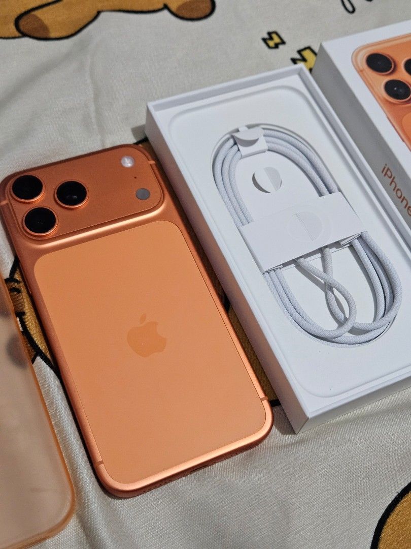 Apple iPhone Pro Max Orange with Box (Category: iPhone 17 Series) located in Makati City. Submitted by noobmaster99 (Listing ID 1470272199, Image 2). Description: For sale or swap 60k negotiable iPhone 17 Pro Max 256gb Smartlock Complete standard packages with case All working 99 battery health Check and reset Pm.