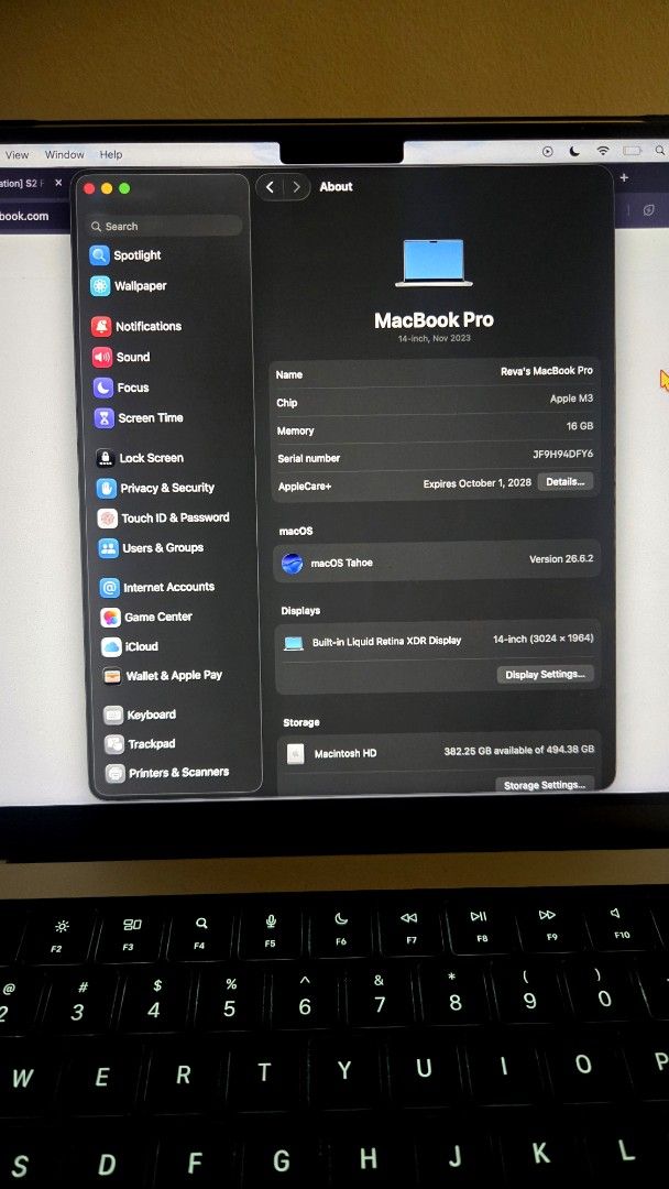 Apple MacBook Pro 14-inch M3 chip 16GB (Category: Laptops & Notebooks) located in Caloocan City. Submitted by reva_g (Listing ID 1470339709, Image 3). Description: - Model: MacBook Pro 14-inch, (COLOR: Space Grey) - Processor & Memory: Apple M3 chip, 16GB RAM, 512GB SSD - Display: Liquid Retina XDR display - Battery: 108 cycle count, 95% maximum capacity - Warranty: AppleCare+ active until October 1, 2028 - Condition: Clean, 100% working, well-ma