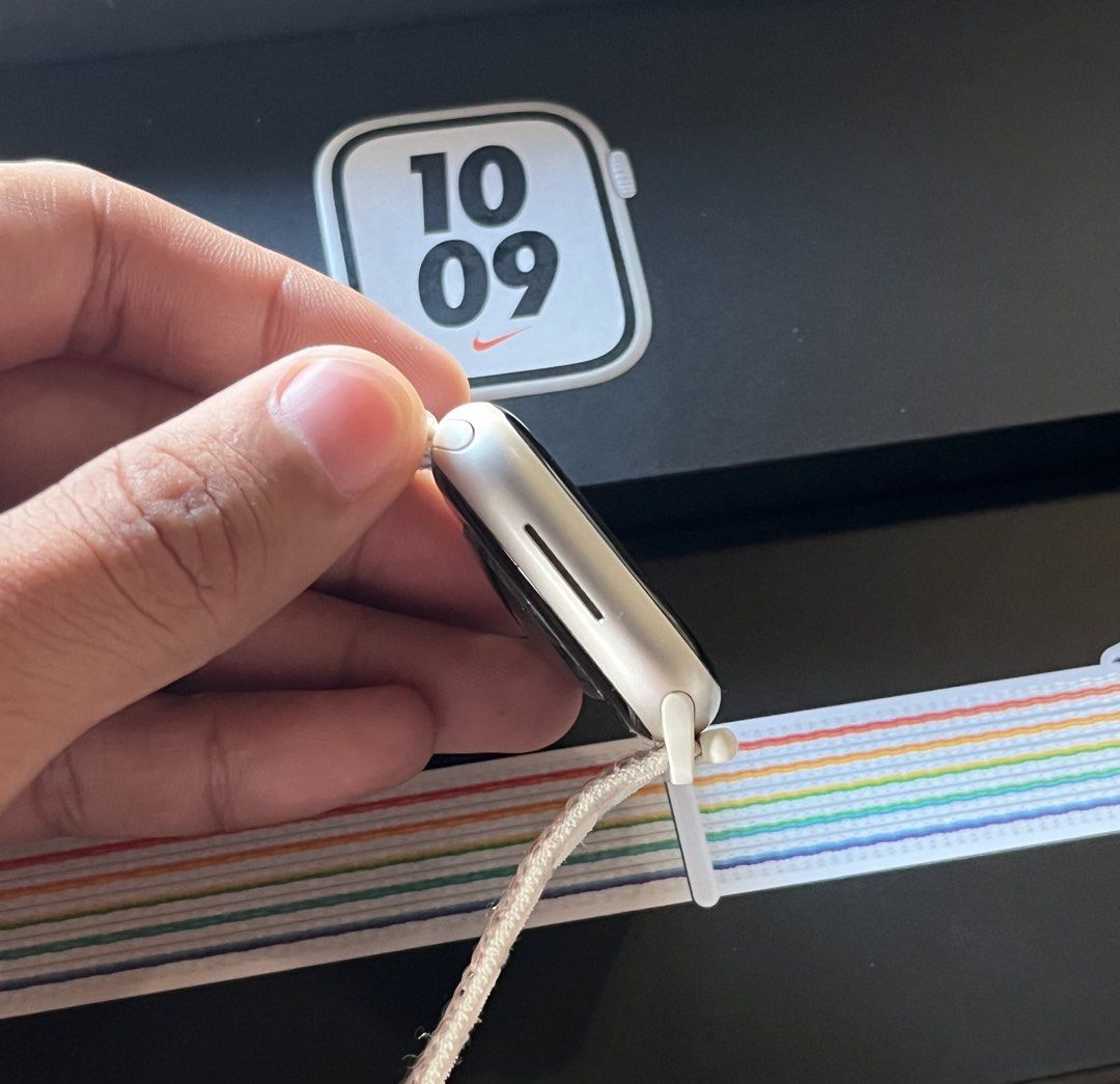 Apple Watch Series 7 (Nike Series) (Category: Wearables & Smart Watches) located in Adams. Submitted by princess.maggie (Listing ID 1470347338, Image 3). Description: Apple Watch Series 7 (Nike Series) -41MM (GPS) - 26.2 (OS) - Original/Authentic - Complete Inclusions - Comes with OG Pride Sport Loop (SRP: ₱2990) - Issue: Scratches on Screen. Price: 5,980.