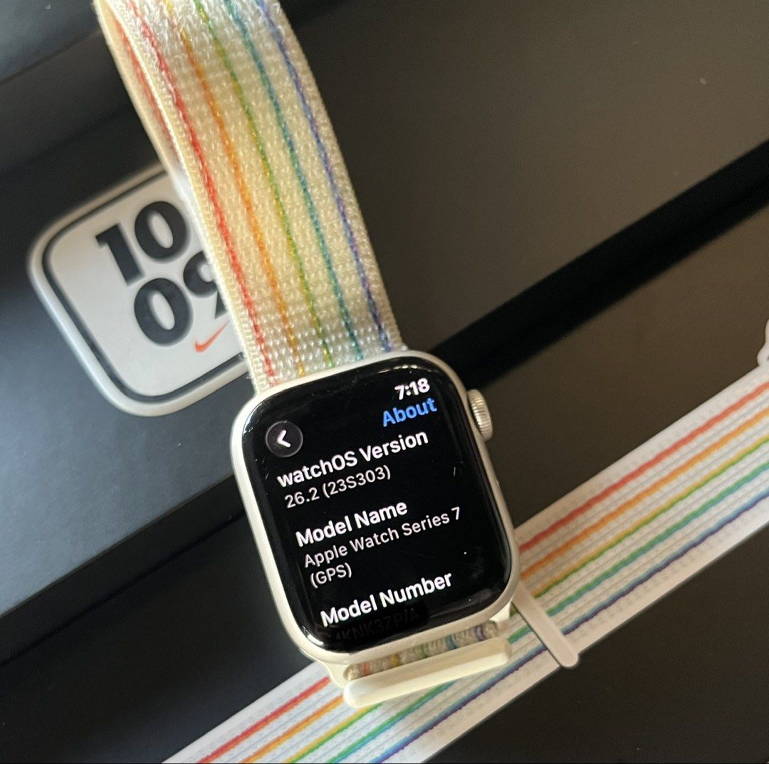 Apple Watch Series 7 (Nike Series) (Category: Wearables & Smart Watches) located in Adams. Submitted by princess.maggie (Listing ID 1470347338, Image 2). Description: Apple Watch Series 7 (Nike Series) -41MM (GPS) - 26.2 (OS) - Original/Authentic - Complete Inclusions - Comes with OG Pride Sport Loop (SRP: ₱2990) - Issue: Scratches on Screen. Price: 5,980.