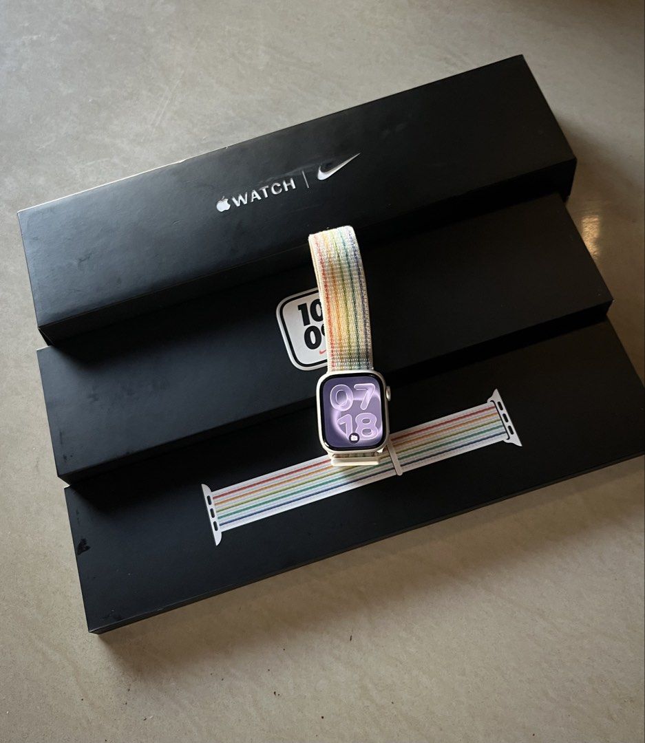 Apple Watch Series 7 (Nike Series) (Category: Wearables & Smart Watches) located in Adams. Submitted by princess.maggie (Listing ID 1470347338, Image 1). Description: Apple Watch Series 7 (Nike Series) -41MM (GPS) - 26.2 (OS) - Original/Authentic - Complete Inclusions - Comes with OG Pride Sport Loop (SRP: ₱2990) - Issue: Scratches on Screen. Price: 5,980.