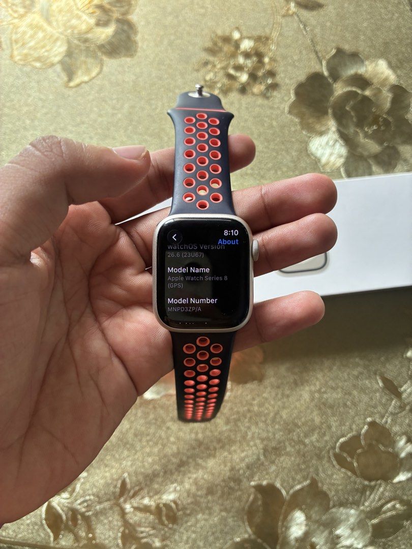 Apple Watch Series 8 41mm (Category: Wearables & Smart Watches) located in Caloocan City. Submitted by klndr (Listing ID 1470143623, Image 3). Description: With box, charger and nike strap original 90% battery health No performance issues rfs: need funds Can do lalamove or grab express .