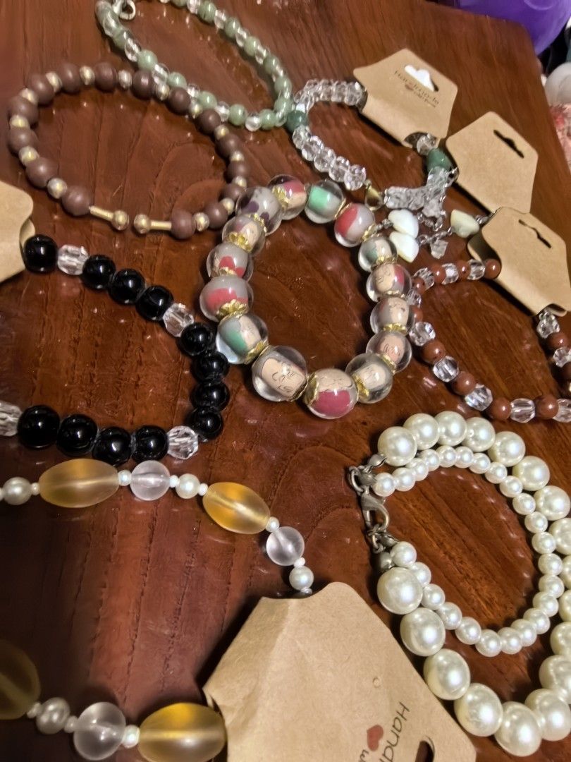 Assorted Handmade Beaded Bracelets with Tags Lot (Category: Bracelets) located in Rizal. Submitted by gkstcenit (Listing ID 1470344374, Image 2). Description: - FOR TAKE ALL ONLY (will not entertain per piece inquiry) 9pcs 400 Collection of handmade beaded bracelets - Variety of styles including pearls, clear beads, colored stones, black beads, and wood-look beads - Perfect for stacking or wearing individually - Comes with cute 'handmade with lov
