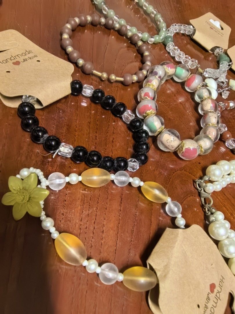Assorted Handmade Beaded Bracelets with Tags Lot (Category: Bracelets) located in Rizal. Submitted by gkstcenit (Listing ID 1470344374, Image 3). Description: - FOR TAKE ALL ONLY (will not entertain per piece inquiry) 9pcs 400 Collection of handmade beaded bracelets - Variety of styles including pearls, clear beads, colored stones, black beads, and wood-look beads - Perfect for stacking or wearing individually - Comes with cute 'handmade with lov