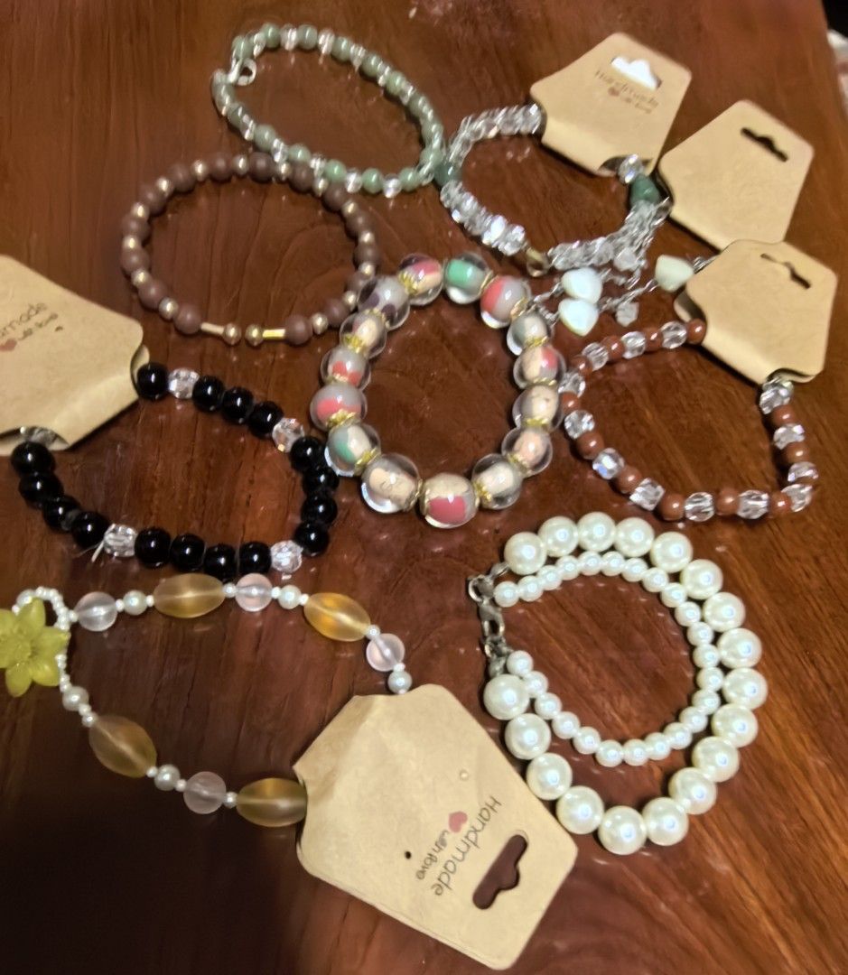 Assorted Handmade Beaded Bracelets with Tags Lot (Category: Bracelets) located in Rizal. Submitted by gkstcenit (Listing ID 1470344374, Image 1). Description: - FOR TAKE ALL ONLY (will not entertain per piece inquiry) 9pcs 400 Collection of handmade beaded bracelets - Variety of styles including pearls, clear beads, colored stones, black beads, and wood-look beads - Perfect for stacking or wearing individually - Comes with cute 'handmade with lov