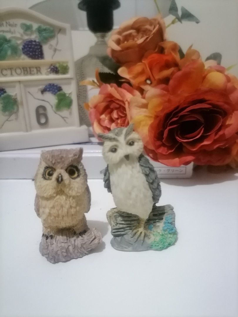 Assorted miniature owl figurines lot decorative statues (Category: Figurines & Statues) located in Malaybalay. Submitted by thevintagevibes (Listing ID 1470182059, Image 2). Description: - Set of 5 miniature owl figurines in different poses and finishes - Includes a tall black textured owl, 2 light brown speckled owls on bases, and 2 grey and white owls on branches - Features intricate feather details and realistic painted eyes - Perfect as cute 