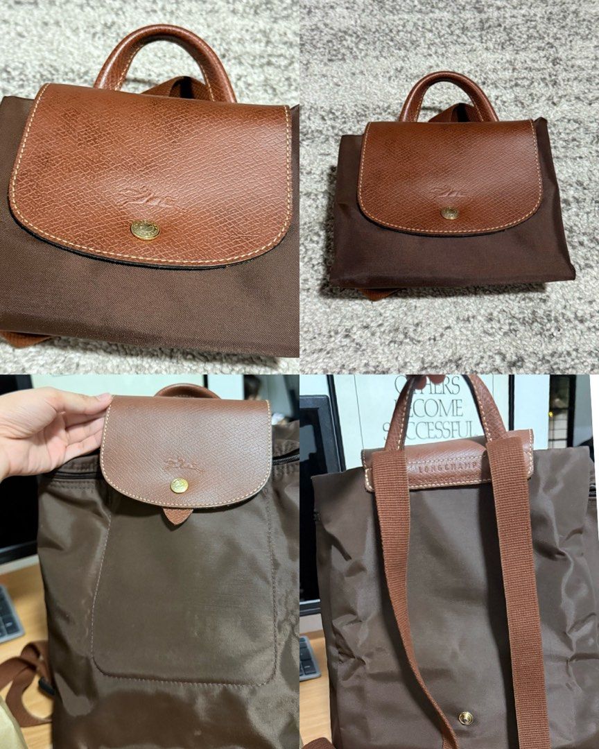 Authentic Longchamp Le Pliage Mocha Brown Backpack (Category: Backpacks) located in Manila. Submitted by mkyscloset (Listing ID 1470266843, Image 2). Description: - 100% Authentic Longchamp Le Pliage backpack in Mocha Brown - Bought from Longchamp Boutique at Dubai Airport (Original price: PHP 8,500) - Material: Durable nylon body with signature brown leather flap and handle - Hardware: Gold-tone - Features: Adjustable shoulder straps and secure 