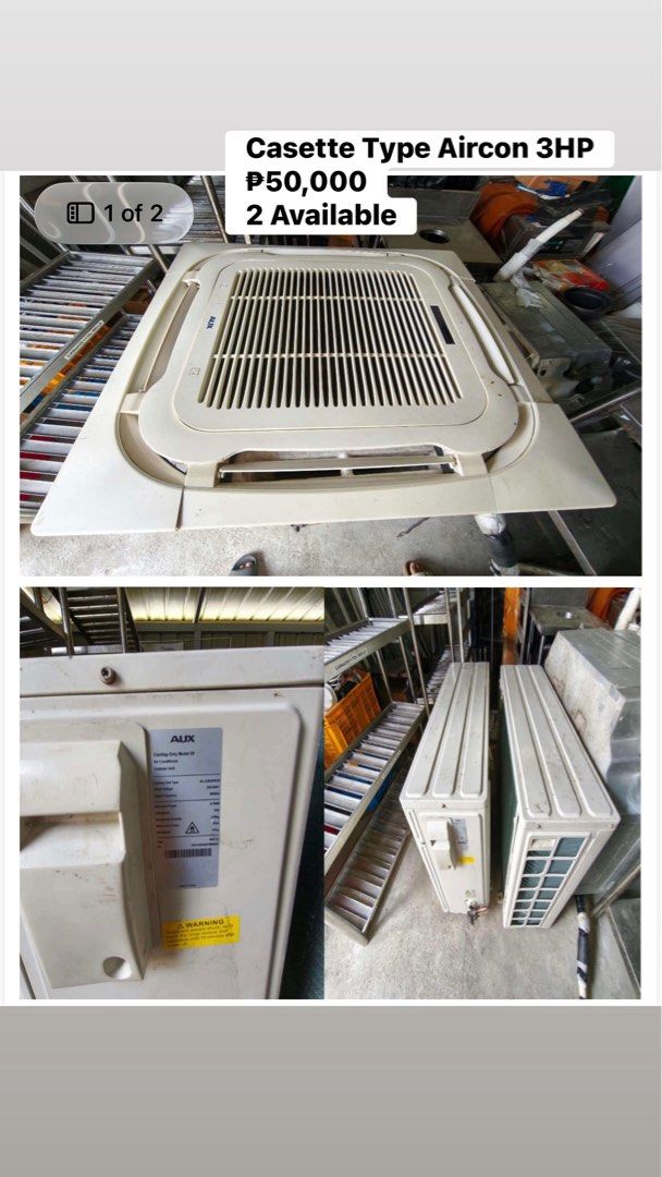 AUX Cassette Type Aircon 3HP 2 Available (Category: Air Conditioning and Heating) located in General Trias. Submitted by edva06 (Listing ID 1470267450, Image 1). Description: - Brand: AUX - Type: Cooling-only cassette type air conditioner - Capacity: 3HP - Price: 50,000 PHP per unit (2 units available) - Inclusions: Indoor ceiling panels and outdoor units - Condition: Working condition, pulled out from a working setup - Color: Standard white - Me