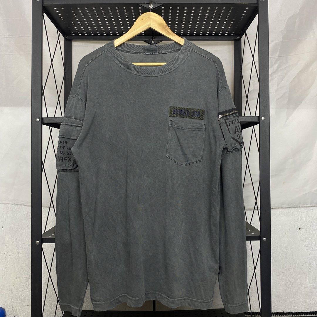 Avirex Military Longsleeves (Category: Coats, Jackets and Outerwear) located in Cebu City. Submitted by cebuvntgvibes (Listing ID 1470216235, Image 1). Description: 21W x 29L (M-XL) . Excellent to new condition. Nice charcoal-wash colorway. Utility pockets on both sleeves. Military-style stencil prints. No issue. . Mine ₱1,200+sf.