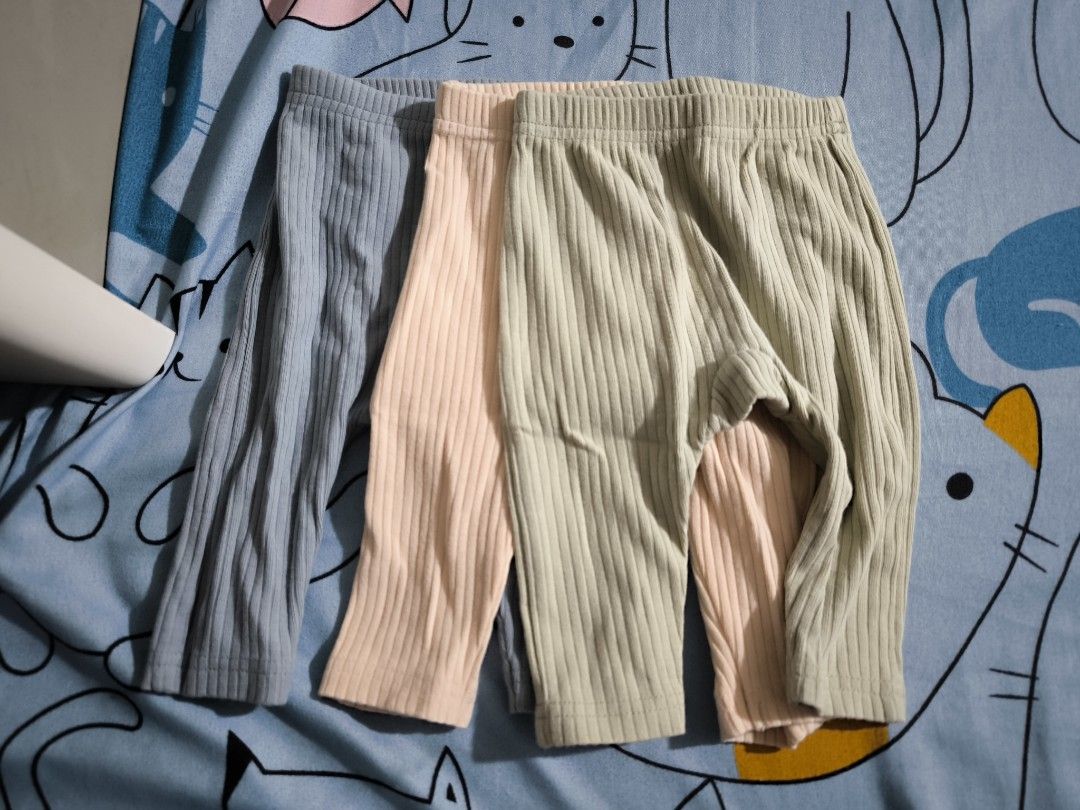 Baby ribbed pants set 3 colors (Category: Babies & Kids Fashion) located in Taytay. Submitted by misspol (Listing ID 1470144337, Image 2). Description: - Bundle of 3 ribbed baby pants in blue, peach, and sage green - Made with ultra-soft, breathable cotton fabric - Comfy elastic waistband for a snug and gentle fit - Highly stretchy material for easy movement and daily wear - 0-3mos.old only used once only**.