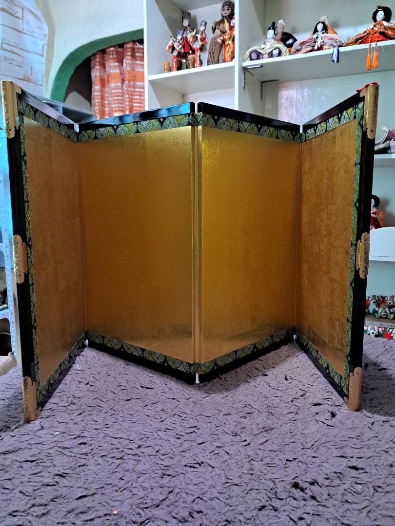Backdrop (Category: Vintage Collectibles) located in Cavite. Submitted by secretjapansurplus (Listing ID 1470192252, Image 3). Description: Vintage Japanese Miniature Gold Folding Screen (Byobu) Authentic Japan surplus decorative 4-panel folding screen, traditionally used as a backdrop for Hina or Samurai festival dolls. Perfect as an elegant home decor piece, altar background, or product photography backdrop. • Condition: Excellent vintage condi