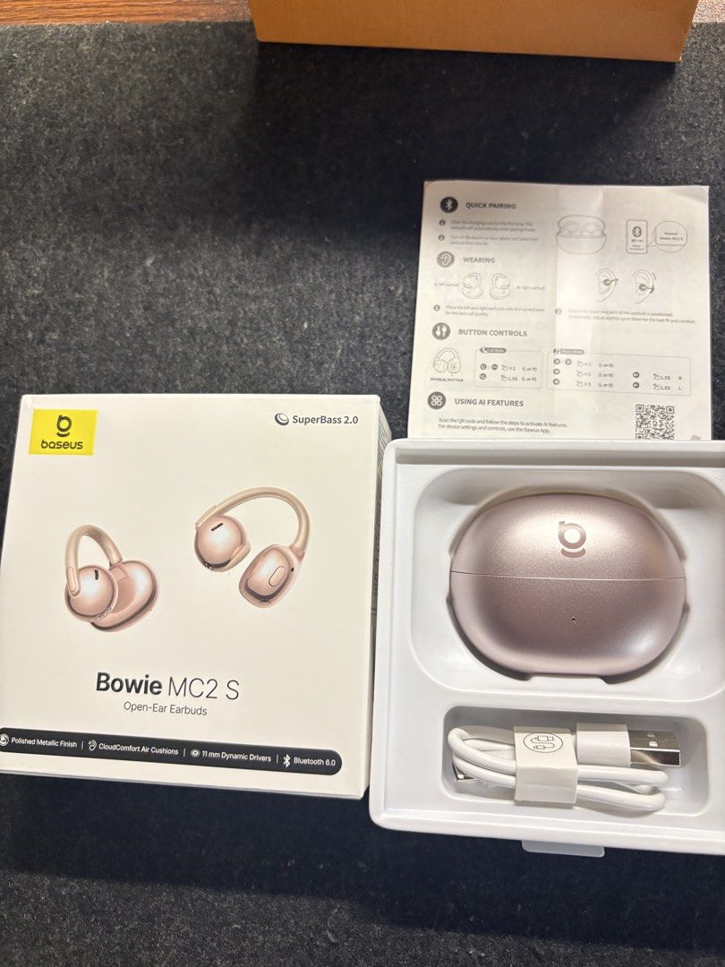 Baseus Bowie MC2 S Open-Ear Earbuds (Category: Earphones) located in Las Pinas. Submitted by yvonnedb (Listing ID 1470209168, Image 1). Description: - Model: Baseus Bowie MC2 S Open-Ear Earbuds - Color: Stunning Rose Gold with polished metallic finish - Condition: Unused (opened box only to check contents) - Audio & Tech: Bluetooth 6.0, 11 mm dynamic drivers, and SuperBass 2.0 - Comfort: Cloud comfort air cushions for all-day wear - Inclusions: O