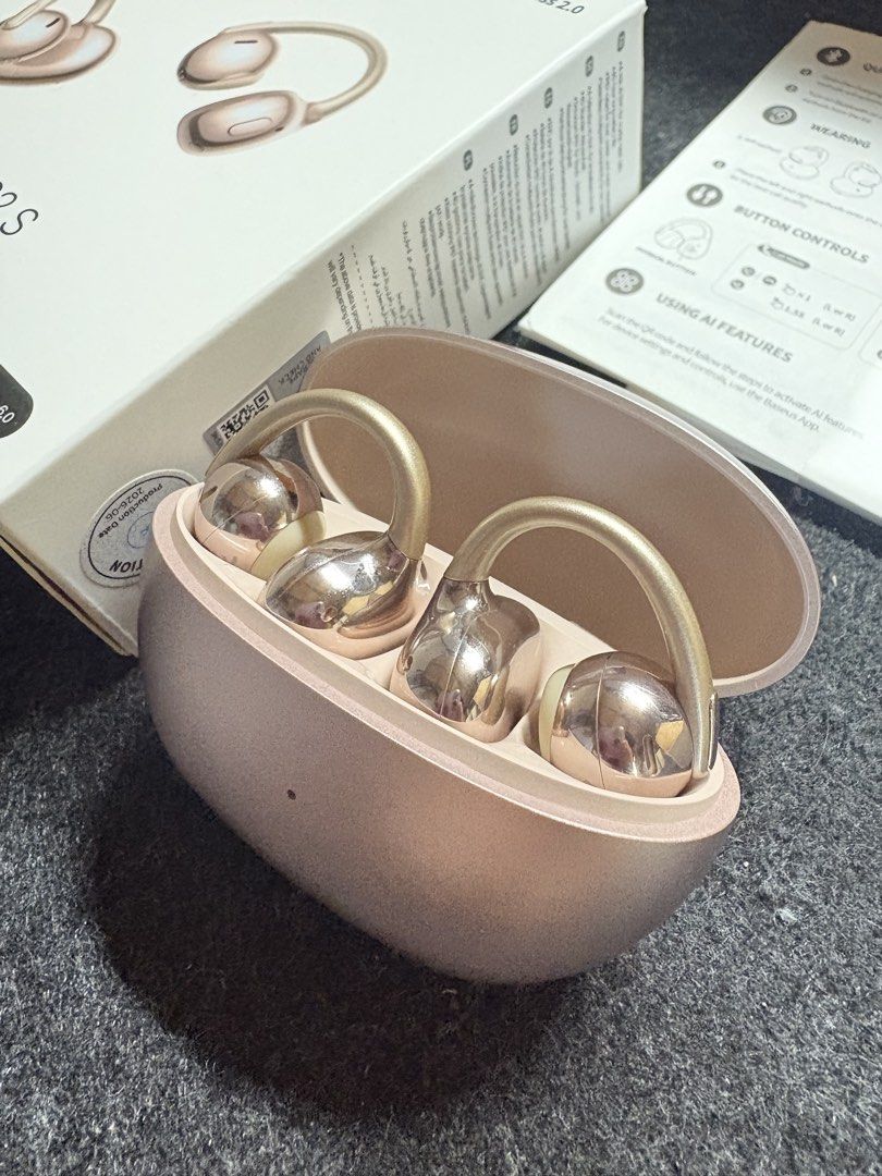 Baseus Bowie MC2 S Open-Ear Earbuds (Category: Earphones) located in Las Pinas. Submitted by yvonnedb (Listing ID 1470209168, Image 2). Description: - Model: Baseus Bowie MC2 S Open-Ear Earbuds - Color: Stunning Rose Gold with polished metallic finish - Condition: Unused (opened box only to check contents) - Audio & Tech: Bluetooth 6.0, 11 mm dynamic drivers, and SuperBass 2.0 - Comfort: Cloud comfort air cushions for all-day wear - Inclusions: O