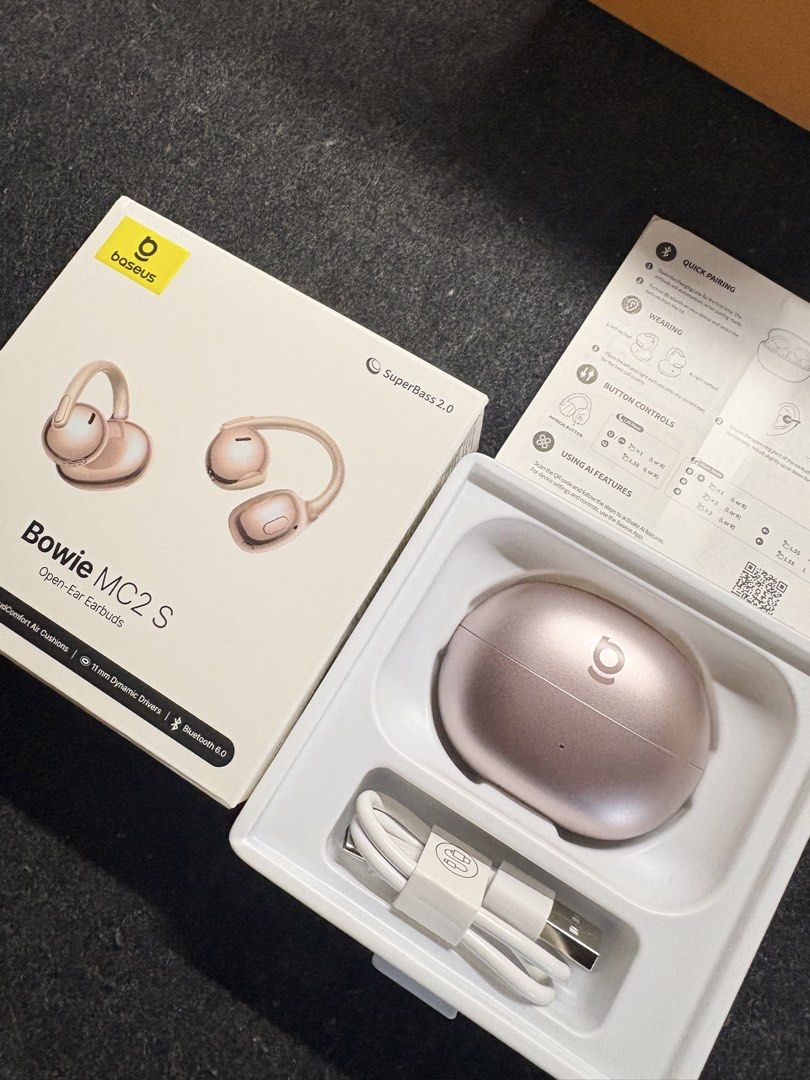 Baseus Bowie MC2 S Open-Ear Earbuds (Category: Earphones) located in Las Pinas. Submitted by yvonnedb (Listing ID 1470209168, Image 3). Description: - Model: Baseus Bowie MC2 S Open-Ear Earbuds - Color: Stunning Rose Gold with polished metallic finish - Condition: Unused (opened box only to check contents) - Audio & Tech: Bluetooth 6.0, 11 mm dynamic drivers, and SuperBass 2.0 - Comfort: Cloud comfort air cushions for all-day wear - Inclusions: O