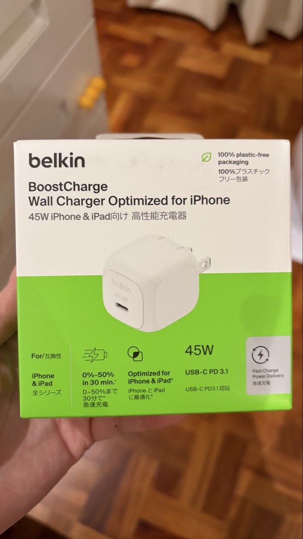 Belkin 45w USB-C iphone ipad charger (Category: Chargers & Cables) located in Manila. Submitted by nmpc116 (Listing ID 1470270641, Image 1). Description: Brand new in sealed box Belkin boostcharge optimized for iphone and ipad.