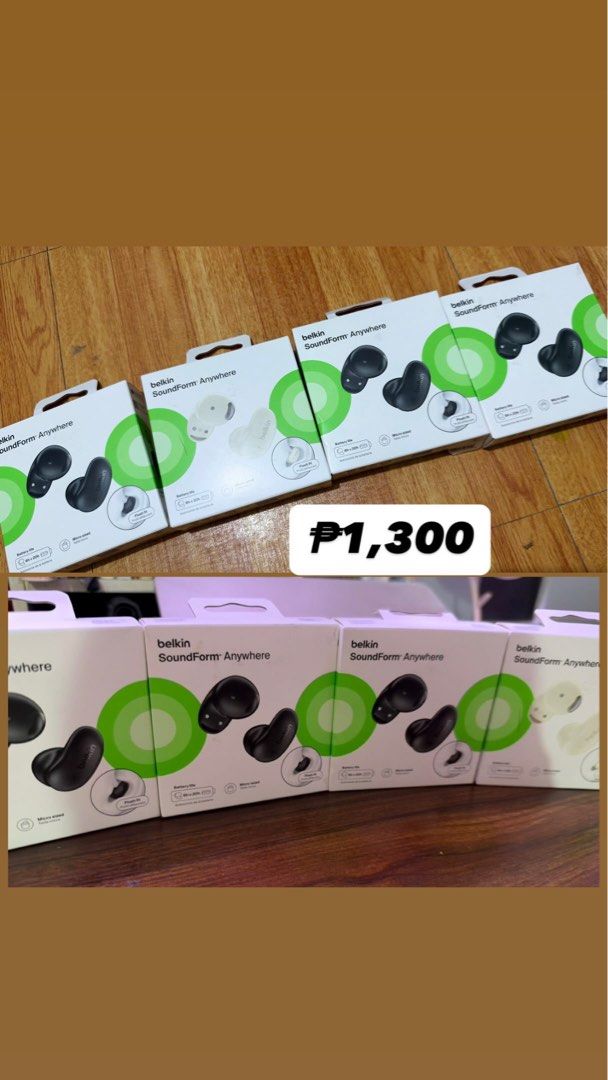 Belkin SoundForm Anywhere True Wireless Earbuds (Category: Earphones) located in Quezon City. Submitted by mhzlgsc (Listing ID 1470151268, Image 1). Description: - Brand: Belkin SoundForm Anywhere Wireless Earbuds - Condition: Brand new, sealed in original retail packaging - Colors: Available in black and white boxes - Fit: Compact and micro-sized for all-day comfort - Battery Life: 6 hours on a single charge + 20 extra hours from the charging ca