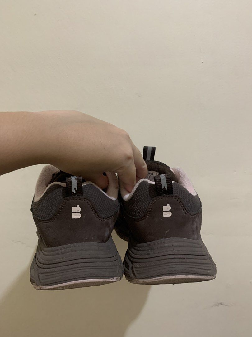 BELLE Brown Pink Chunky Sneakers (Category: Sneakers) located in Los Banos. Submitted by dhannielle (Listing ID 1470198999, Image 3). Description: - Brand: BELLE - Style: Chunky dad sneakers / platform shoes - Color: Brown and pink - Features: Thick rubber platform soles, bungee lace system with toggles, fuzzy collar lining, and cute bunny logo details on heels and tongues - Condition: Minimal wear on treads, clean uppers.