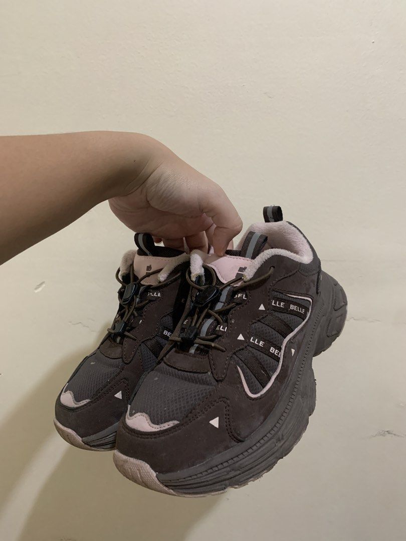BELLE Brown Pink Chunky Sneakers (Category: Sneakers) located in Los Banos. Submitted by dhannielle (Listing ID 1470198999, Image 1). Description: - Brand: BELLE - Style: Chunky dad sneakers / platform shoes - Color: Brown and pink - Features: Thick rubber platform soles, bungee lace system with toggles, fuzzy collar lining, and cute bunny logo details on heels and tongues - Condition: Minimal wear on treads, clean uppers.