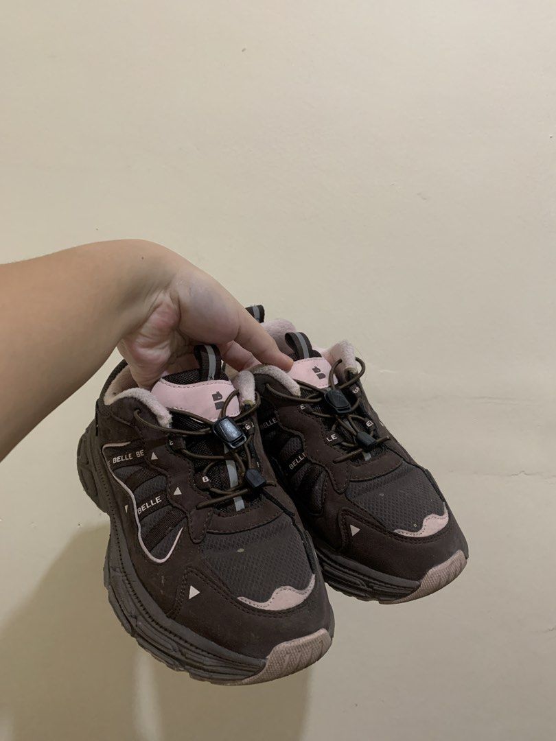 BELLE Brown Pink Chunky Sneakers (Category: Sneakers) located in Los Banos. Submitted by dhannielle (Listing ID 1470198999, Image 2). Description: - Brand: BELLE - Style: Chunky dad sneakers / platform shoes - Color: Brown and pink - Features: Thick rubber platform soles, bungee lace system with toggles, fuzzy collar lining, and cute bunny logo details on heels and tongues - Condition: Minimal wear on treads, clean uppers.
