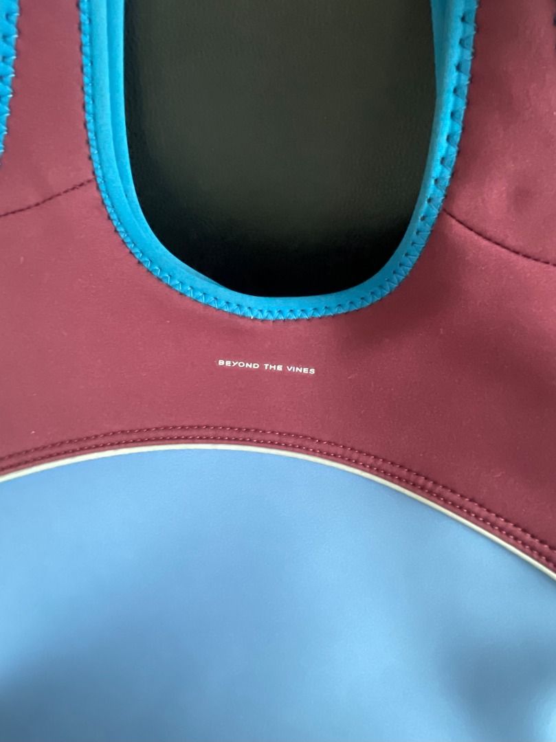 Beyond The Vines Tote Bag (Category: Tote Bags) located in Pasig City. Submitted by mimosaaas (Listing ID 1470197465, Image 2). Description: - Brand: Beyond The Vines - Design: Chic colorblock in light blue, dark red, and bright blue trim with white front logo - Material: Lightweight, stretchy, and durable neoprene - Features: Dual top carry handles and a roomy main compartment for all your daily essentials Used only for a month. No receipt. Stil