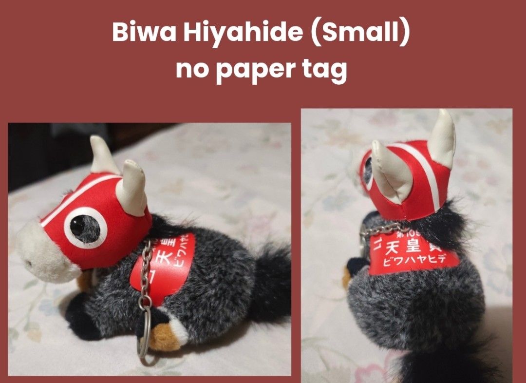 Biwa Hayahide Small Plush Keychain (Category: Plushies & Soft Toys) located in Manila. Submitted by jbsantos_ (Listing ID 1470327918, Image 1). Description: - Character: Biwa Hayahide (Uma Musume Pretty Derby) - Type: Small plush toy keychain - Details: Red racing hood, matching saddle blanket with Japanese text, grey/black fuzzy body with white face markings - Hardware: Metal chain attached at the side - Condition: No paper tag included, well-ke