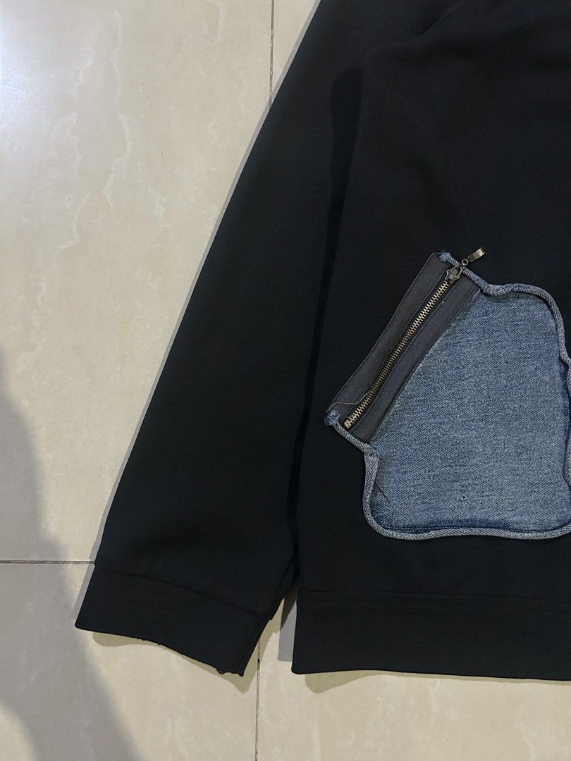 Black and Denim Patchwork Zip Hoodie (Category: Coats, Jackets and Outerwear) located in San Fernando. Submitted by thrift_lang_ni_kim (Listing ID 1470322442, Image 3). Description: ⬇️ DETAILS ⬇️ Black and Denim Patchwork Zip Hoodie DIMENSIONS (INCHES) Width:20.5 Length:27 Best fit: M to L Color rate:9/10 Condition/Issue:Good condi /pinhole Mine: ₱350 Minimum increment: ₱50 Already washed and ready to wear. 📌 Please check all photos carefully fo