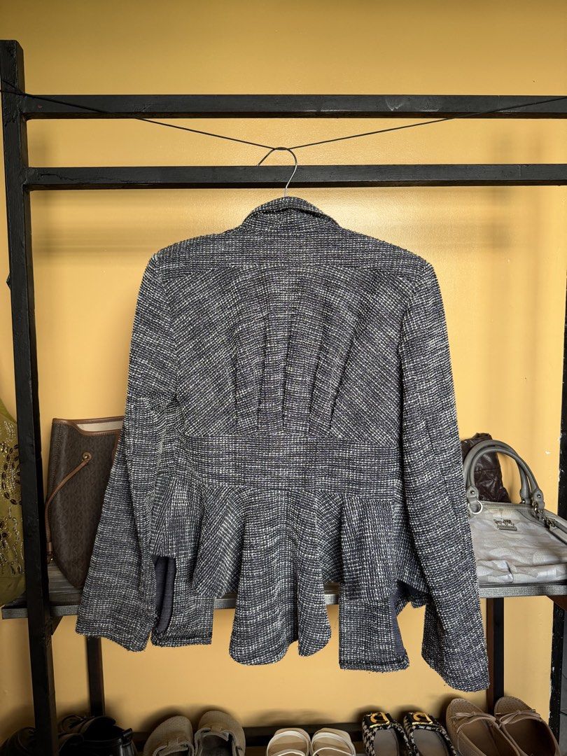 Black and White Tweed Peplum Blazer Jacket (Category: Coats, Jackets and Outerwear) located in Legazpi City. Submitted by hapie_haus (Listing ID 1470270938, Image 2). Description: - Color/Pattern: Classic black and white tweed - Details: grey inner lining with a pleated back - Style: smart casual wear.