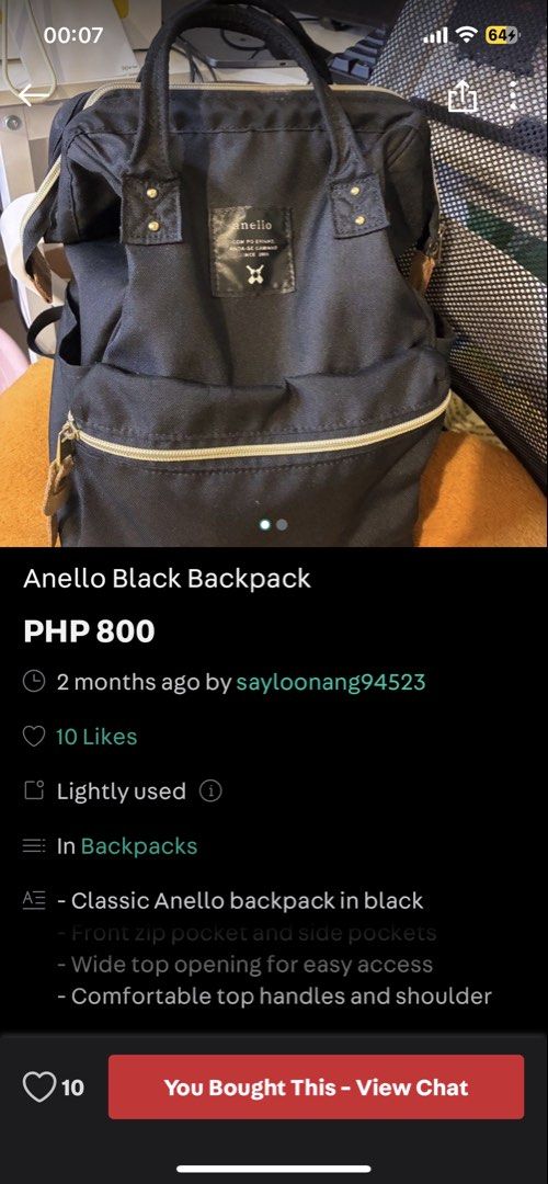 black anello backpack (Category: Backpacks) located in Manila. Submitted by resell.inq (Listing ID 1470316603, Image 3). Description: bought from carousell reselling since ginamit lang sa clinical duty for a month.