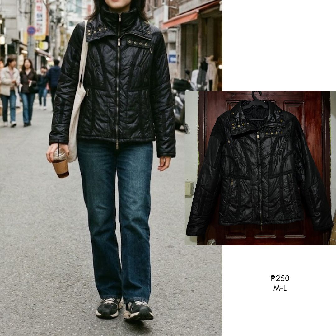 Black Quilted Puffer Winter Jacket M-L (Category: Coats, Jackets and Outerwear) located in Pasig City. Submitted by styledfitsbymae (Listing ID 1470255471, Image 1). Description: - Color: Black - Design: Quilted puffer with high collar and snap button lapels - Closure: Front zipper - Pockets: Two functional front zip pockets - Fit: Medium to Large - Style Tip: Perfect for chilly weather, easily pairs with denim and sneakers.