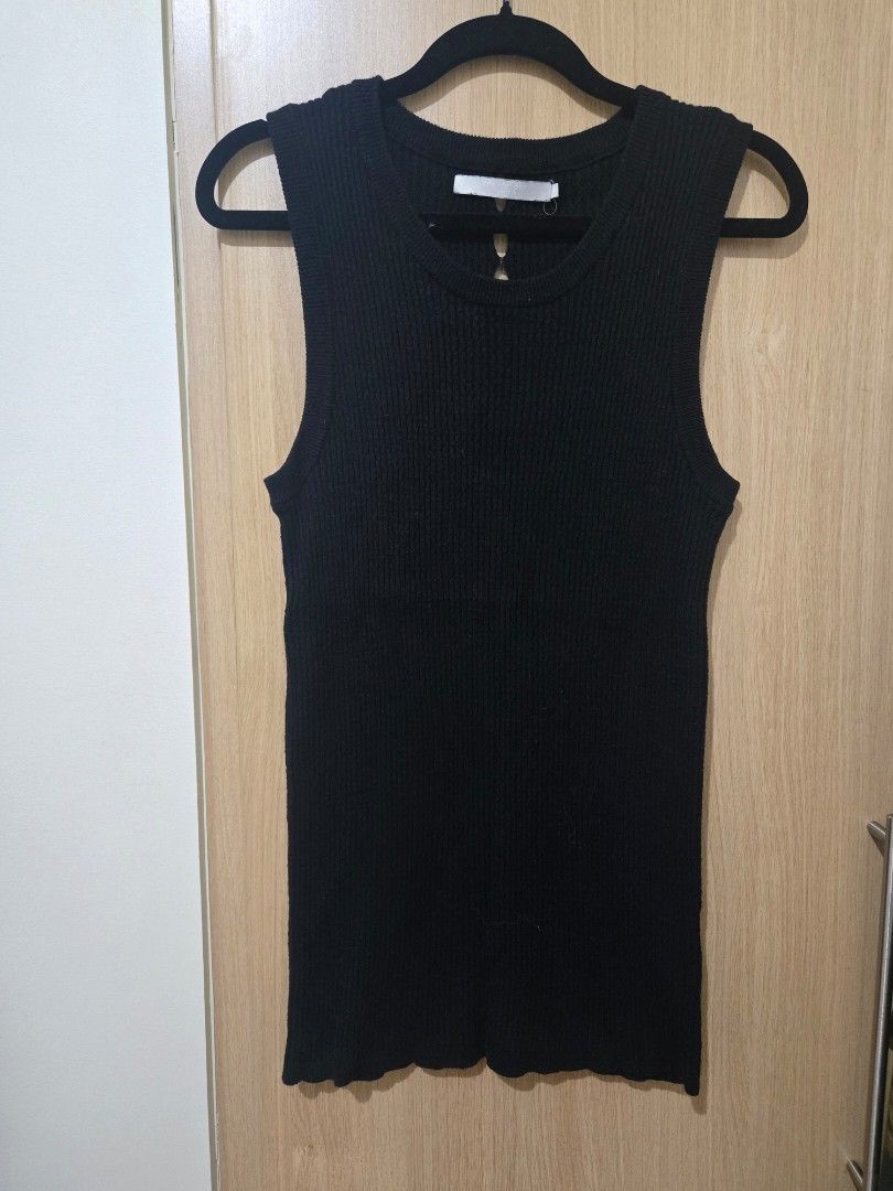 Black Ribbed Tank Top with Cutouts (Category: Sleeveless) located in Pasay City. Submitted by samcas (Listing ID 1470268299, Image 1). Description: - Style: Sleeveless black ribbed knit top - Fit: Stretchy fabric with a flattering snug fit - Detail: Unique vertical button-loop closure down the back - Versatility: Perfect basic piece that goes well with jeans, shorts, or skirts - Condition: Excellent quality.