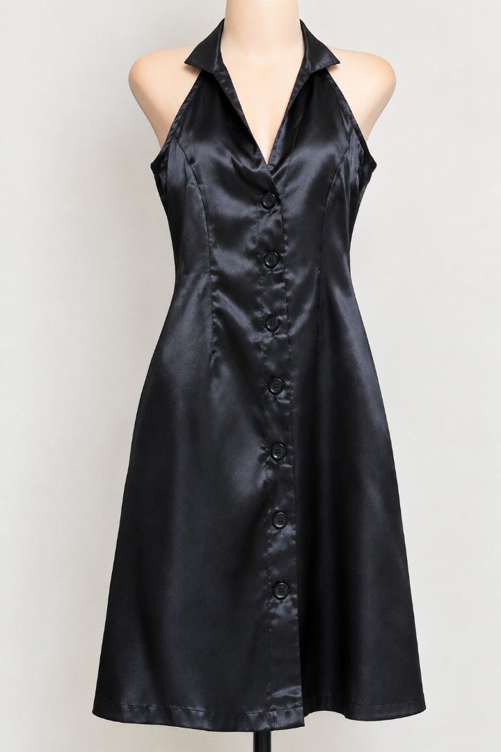 Black Satin Halter Neck Button Down Midi Dress (Category: Dresses) located in Manila. Submitted by phoebecali (Listing ID 1470299401, Image 1). Description: - Color: Classic Black - Material: Smooth satin with a subtle shine - Neckline: Halter neck with a chic pointed collar - Closure: Front button-down with matching black buttons - Fit: Fitted bodice that gently flares toward the hem - Style: Trendy open-back design with a clean finish - Size : 