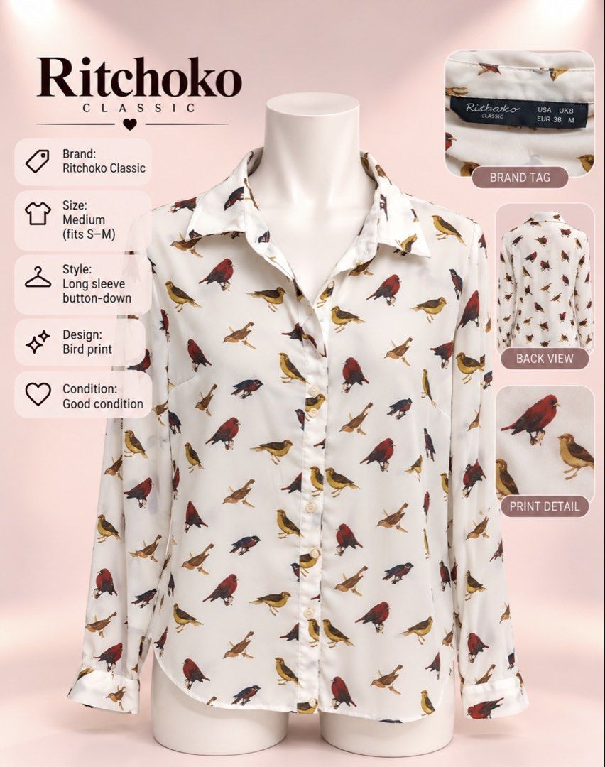 Blouse/ bird print (Category: Blouses) located in Manila. Submitted by niknakabdu11036 (Listing ID 1470187425, Image 1). Description: .
