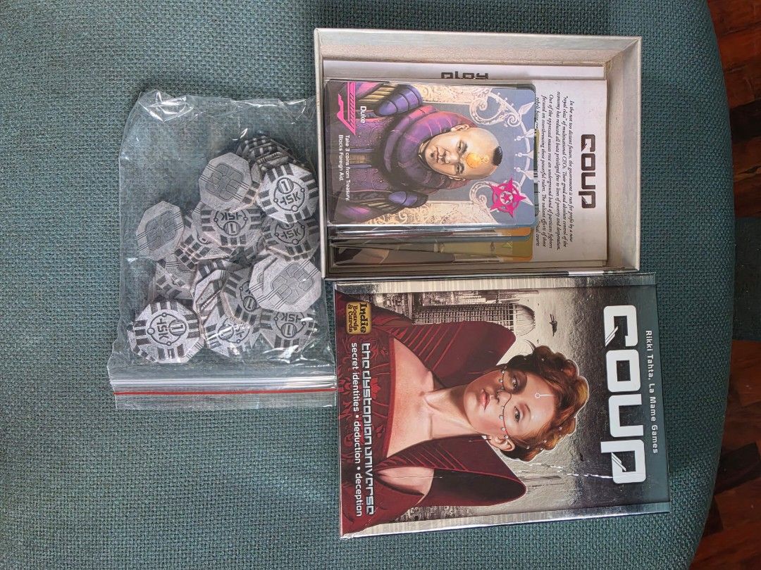 Board games bundle - Avalon, Coup, Organ Attack, Sushi Go (Category: Board Games & Puzzles) located in Paranaque City. Submitted by bluegreen689 (Listing ID 1470148378, Image 2). Description: - 4-in-1 Board Game Bundle: Includes Avalon The Resistance, Coup (with token bag), Organ Attack (with Ready Player 6 expansion), and Sushi Go. - Protected Cards: All cards in Coup, Avalon and Organ Attack are kept inside plastic sleeves to prevent wear and t