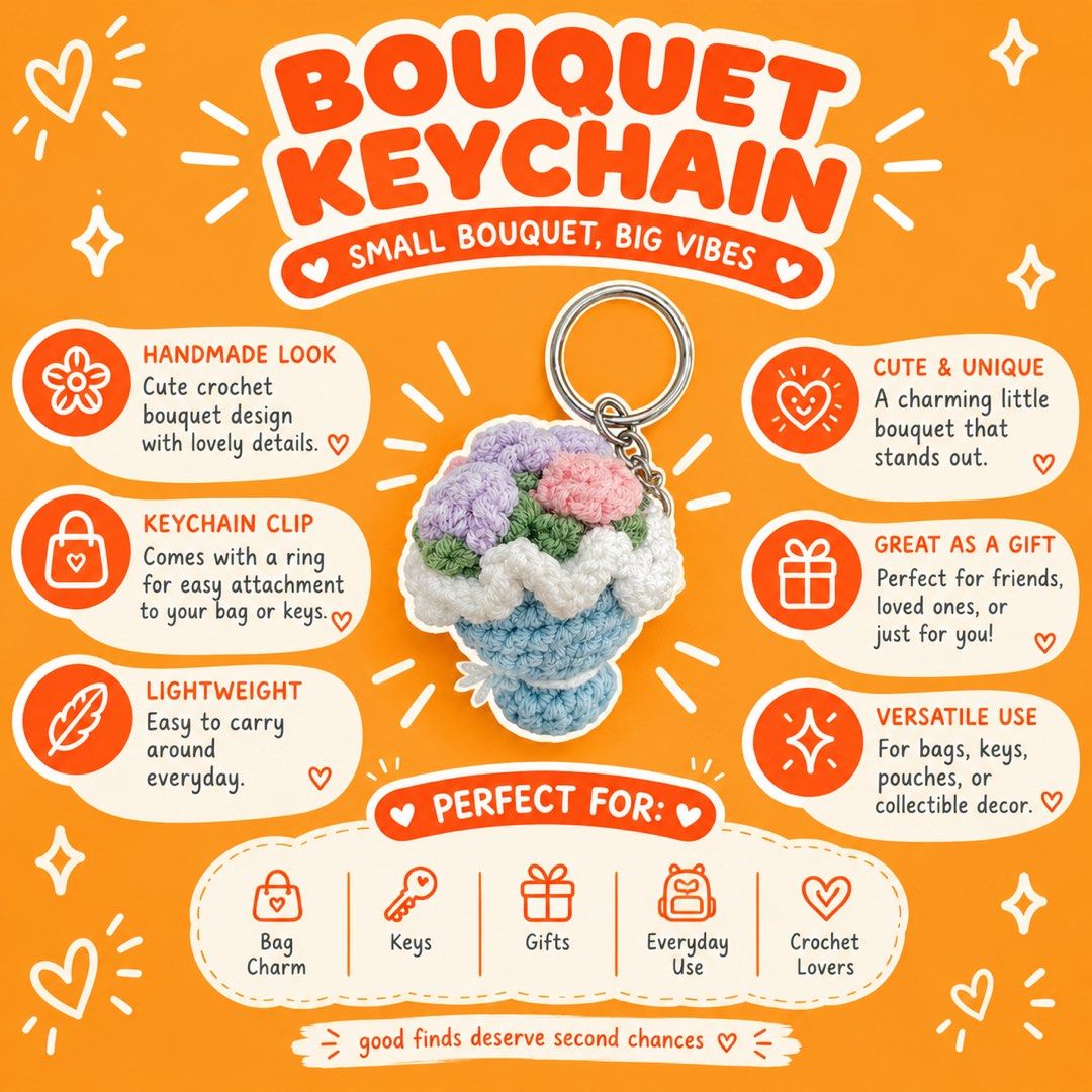 Bouquet Crochet Keychain (Category: Charms) located in Navotas City. Submitted by ohyeinz (Listing ID 1470306633, Image 1). Description: Tiny bouquet, big happiness! 💐🌷 A cute little crochet-inspired charm to add a touch of sweetness to your everyday essentials. Perfect for bags, keys, or as a little gift for someone special. 🎀💗.
