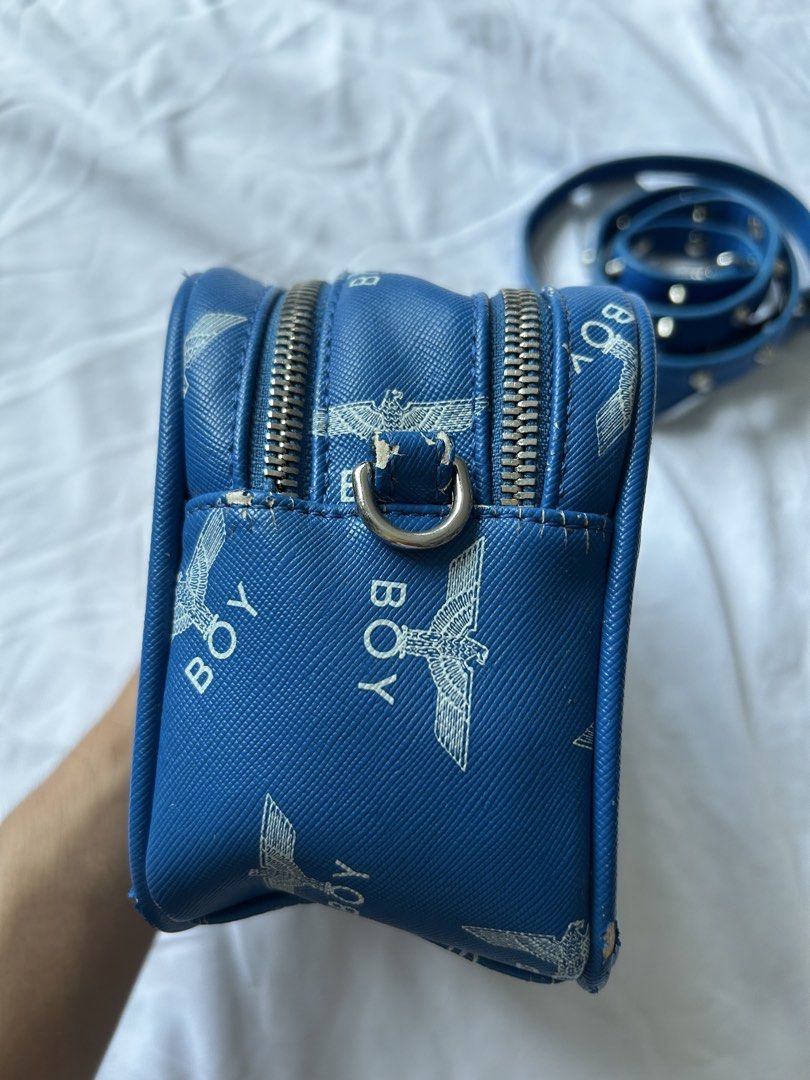 Boy London Blue Crossbody Bag with Eagle Monogram (Category: Cross-body Bags) located in Pasig City. Submitted by jk.declutter (Listing ID 1470237283, Image 3). Description: Has small peels/cracks.