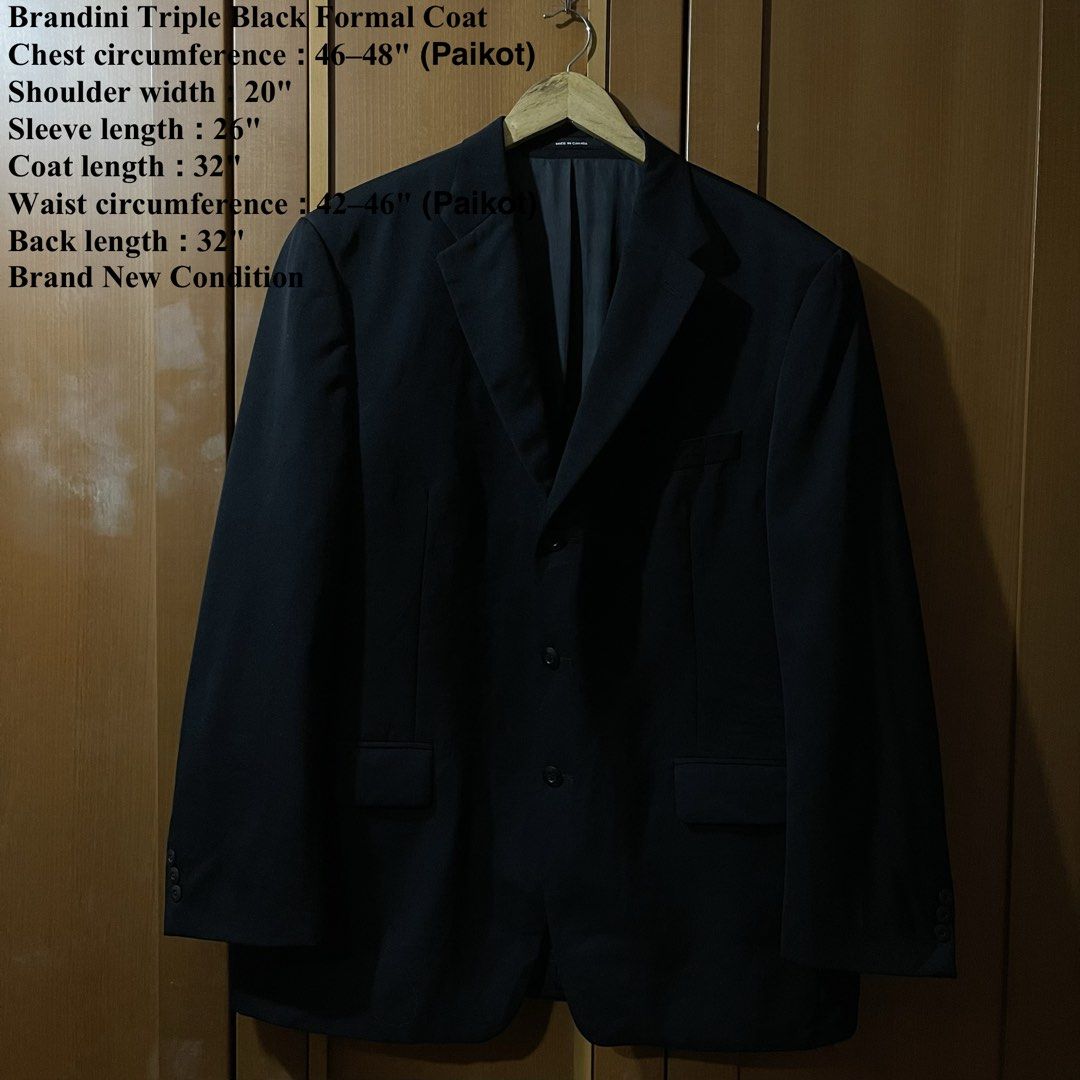 Brandini Triple Black Formal Coat (Category: Coats, Jackets and Outerwear) located in Manila. Submitted by goldenturtle.bfdfc0 (Listing ID 1470279939, Image 1). Description: - Brand: Brandini - Color: Triple black - Material: 100% Pure new wool with Woolmark certification (Made in Canada) - Condition: Pristine, brand new with tags - Closure: Three-button front - Pockets: Classic flap pockets - Interior: Fully lined - Chest Circumference: 46 to 48