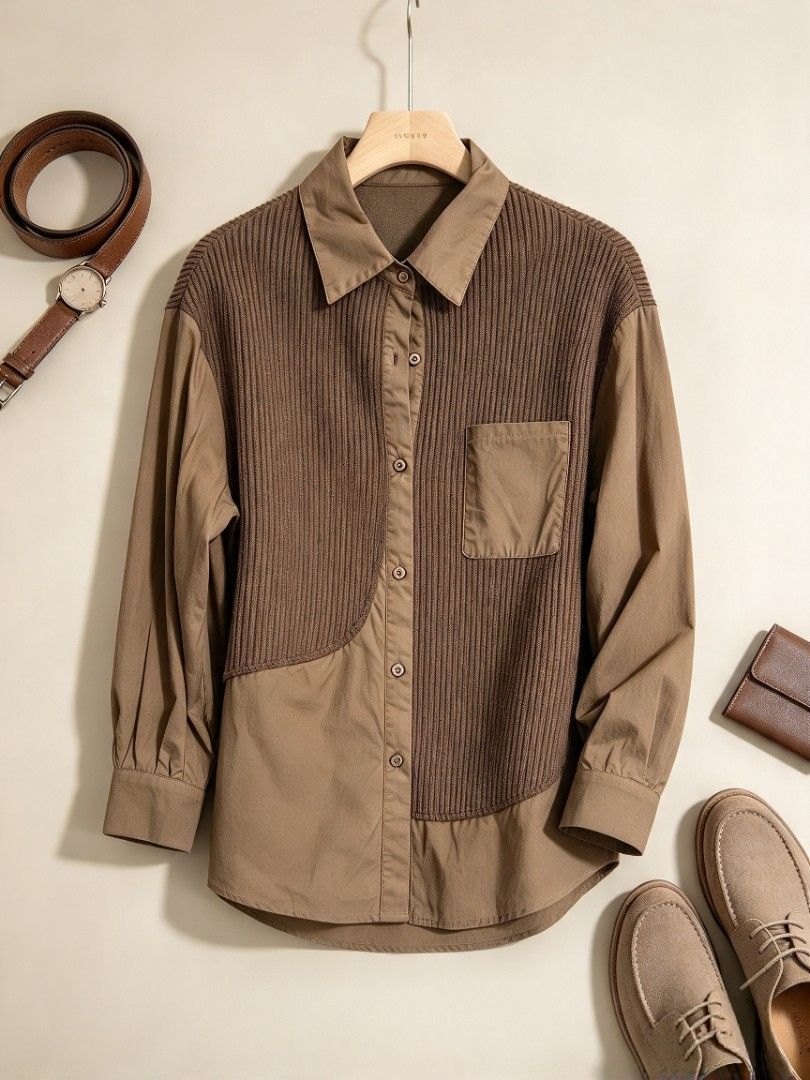 Brown Patchwork Long Sleeve Button Up Shirt (Category: Longsleeves) located in Batangas. Submitted by mace2014 (Listing ID 1470220869, Image 1). Description: Brown button-up shirt with ribbed corduroy panels on the front. Mixed texture design with plain sleeves and hem. Front chest pocket included. Standard collar and button closure down the middle..