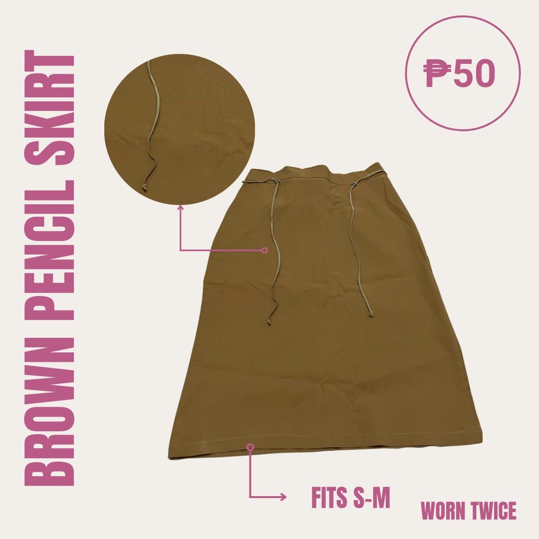 Brown Pencil Skirt (Category: Skirts) located in Pasig City. Submitted by chloe_miel (Listing ID 1470248729, Image 1). Description: - Color: Brown - Fit: Small to Medium - Style: Straight cut with decorative front drawstrings - Versatile neutral piece, perfect for pairing with basic tops - Super affordable price.