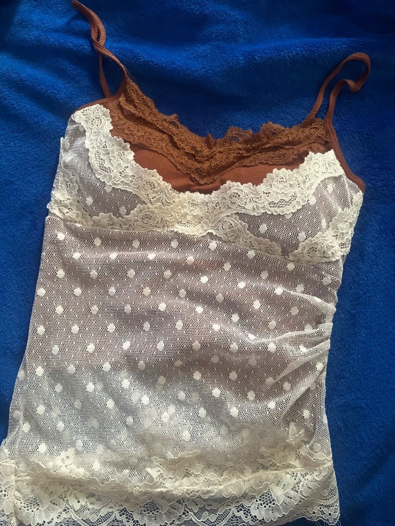Brown Polka Dot Lace Layered Cami Top (Category: Sleeveless) located in Manila. Submitted by ayoshiko (Listing ID 1470203875, Image 2). Description: BROWN POLKA DOTS TOP size S - Semi M never used .