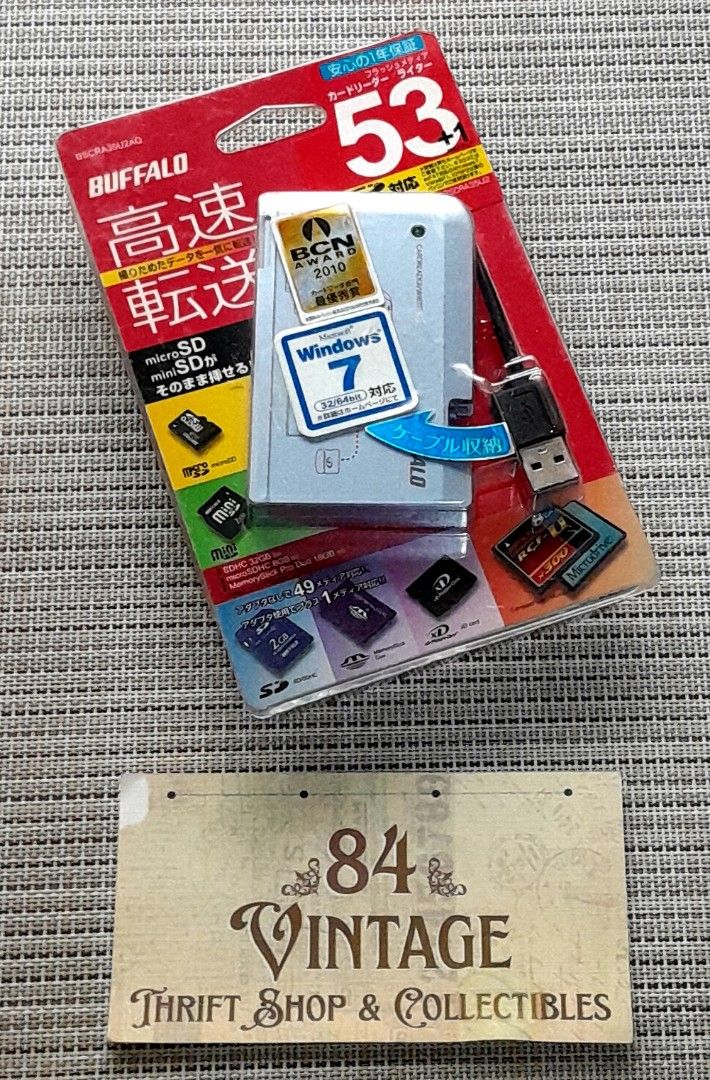Buffalo Card Reader (Category: Vintage Collectibles) located in Las Pinas. Submitted by 84vintage (Listing ID 1470200582, Image 1). Description: External USB multi-media card reader and writer. Supports various legacy and standard flash memory formats (such as SD, microSD, CompactFlash, and Memory Stick) designed around the Windows 7 era (compatible with USB 2.0). Actual photos posted. Please examine them carefully as they are part of the descrip