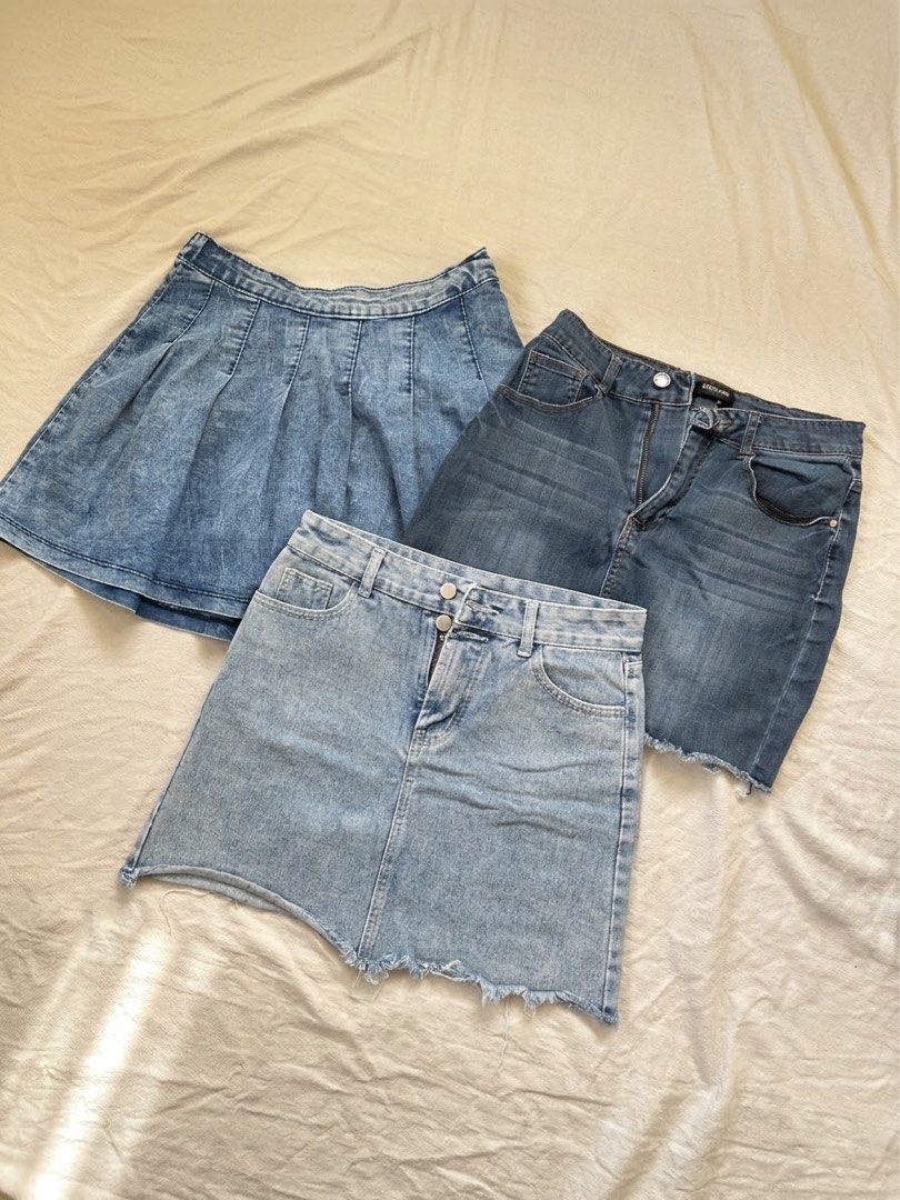 Bundle of 3 Denim Skirts (Category: Skirts) located in Lipa City. Submitted by collbyisidora (Listing ID 1470309623, Image 1). Description: - Denim skirt bundle (set of 3 styles) - Includes: Pleated medium wash, dark wash with raw hem, and light wash with double buttons and frayed hem - Features a Justice 04 tag on one skirt - Perfect for versatile, everyday casual outfits - Bundle deal to help you save more.