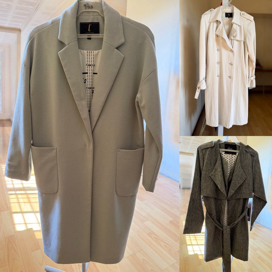 BUNDLE OF 3 Korean Coats (Category: Coats, Jackets and Outerwear) located in San Fernando. Submitted by lovepreloved13 (Listing ID 1470213517, Image 1). Description: BUNDLE OF 3 KOREAN COATS It’s like paying for the light blue coat only Item 1: La Chapelle Light Blue Coat (Size 155/80A) with single-button closure, notched lapels, large front pockets, back belt detail, and vertical dash inner lining Item 2: IY Grace Light Khaki Coat - Double breas