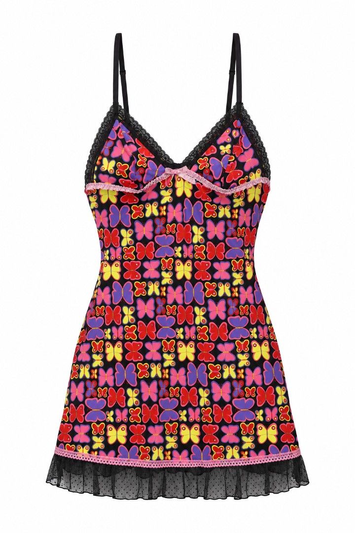 Butterfly pattern lingerie dress medium D12 (Category: Undergarments & Loungewear) located in San Pablo. Submitted by allyourbrandedneeds (Listing ID 1470145005, Image 1). Description: - Design: All-over colorful butterfly pattern on a black base - Neckline: V-neck with delicate black lace trim - Straps: Adjustable shoulder straps for a custom fit - Details: Cute pink ruffled ribbon accent on the chest - Hem: Sheer dotted mesh ruffle layer - Cond
