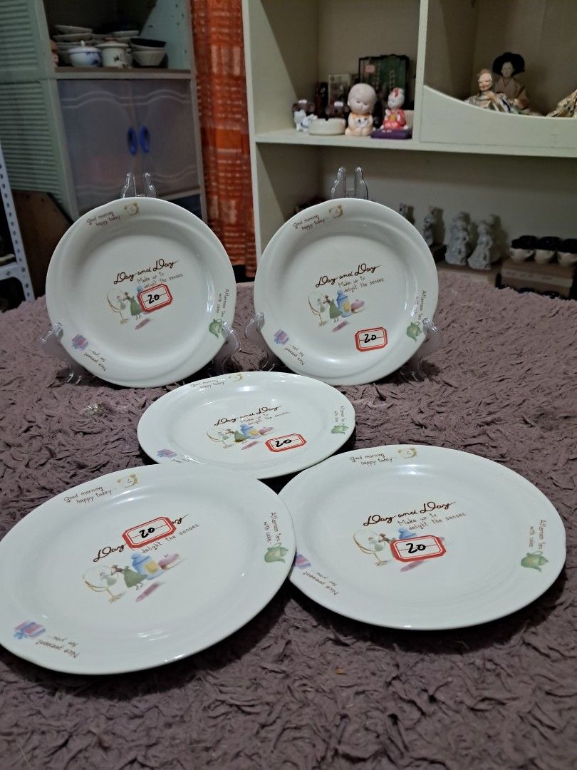 Cake plate (Category: Dinnerware & Cutlery) located in Cavite. Submitted by secretjapansurplus (Listing ID 1470238363, Image 3). Description: 20 each 5 pcs available This is a charming 6.5-inch ceramic small plate (platito) featuring whimsical lifestyle illustrations and sweet English phrases like "Good morning happy today" and "Afternoon tea with cake." With its flat, wide design, it is perfect for serving snacks, desserts, sides, or using as a 