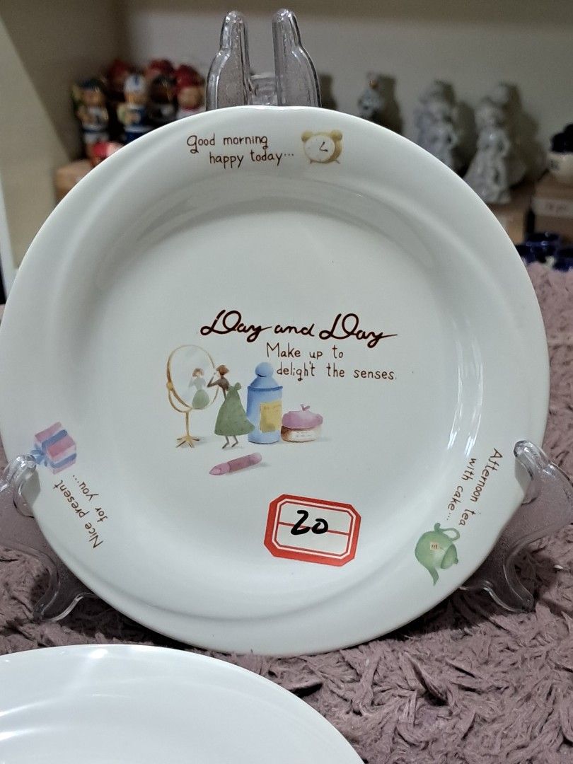Cake plate (Category: Dinnerware & Cutlery) located in Cavite. Submitted by secretjapansurplus (Listing ID 1470238363, Image 1). Description: 20 each 5 pcs available This is a charming 6.5-inch ceramic small plate (platito) featuring whimsical lifestyle illustrations and sweet English phrases like "Good morning happy today" and "Afternoon tea with cake." With its flat, wide design, it is perfect for serving snacks, desserts, sides, or using as a 