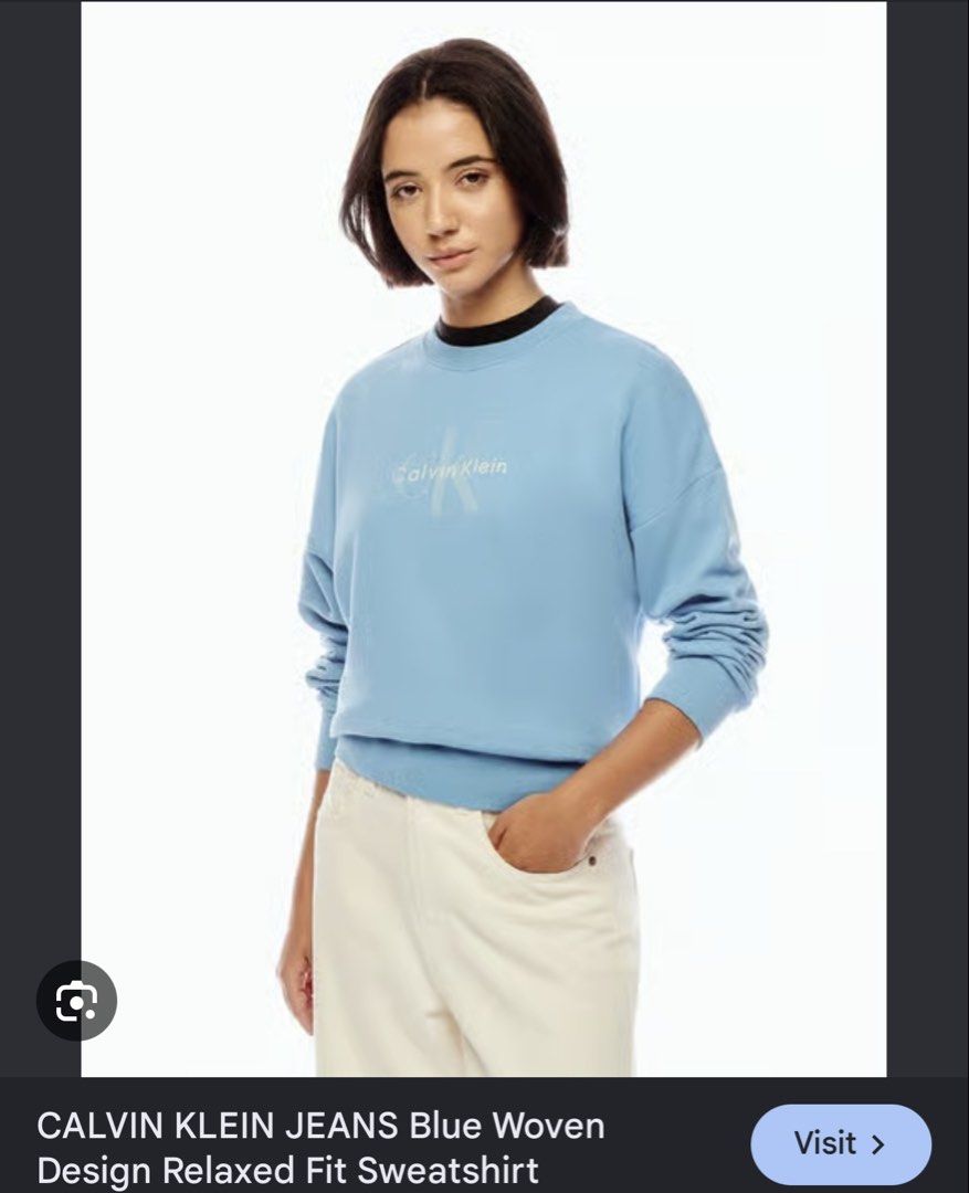 Calvin Klein Sweatshirt 🩵 (Category: Coats, Jackets and Outerwear) located in Pasig City. Submitted by anjlaroyacloset (Listing ID 1470219788, Image 1). Description: brand new bought from CK Megamall 😊 fits small-large women bought this around 6k+ this is such a good deal na ☺️ Rfs: small pala sakin 😢 sayang ang ganda pa naman 🤭 .